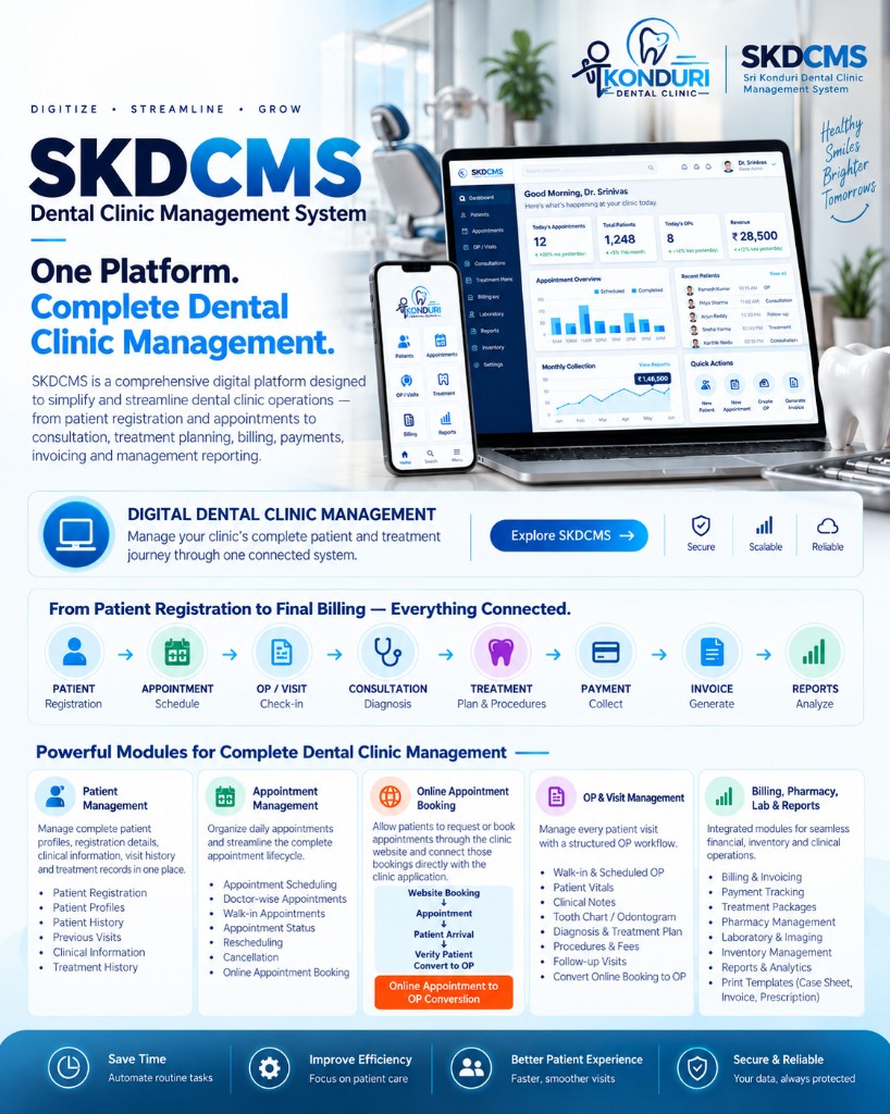 SKDCM — Sri Konduri Dental Clinic Management System — One Platform. Complete Dental Clinic Management.